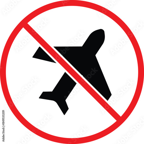 No Airplane Icon. Flight prohibition symbols. No fly zone graphic design. No drone and travel warning signs. No aircraft entry symbols
