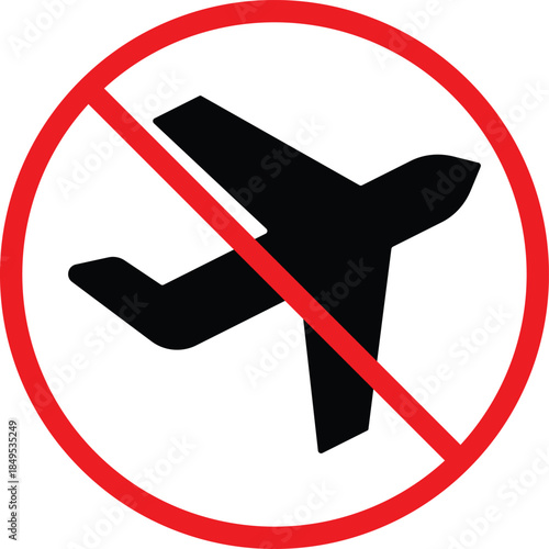 No Airplane Icon. Flight prohibition symbols. No fly zone graphic design. No drone and travel warning signs. No aircraft entry symbols
