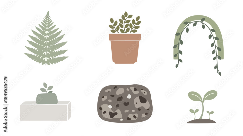 Fototapeta premium A collection of minimalist illustrations featuring various plants, including a fern, potted plants, a vine arch, and sprouts, in earthy tones.