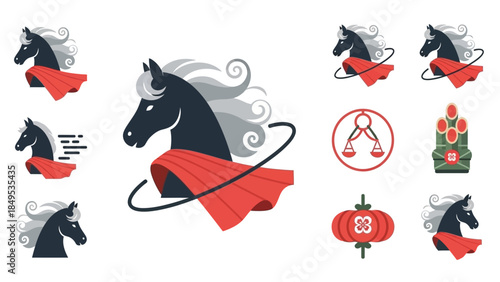 A collection of stylized black horse head icons with flowing grey manes and red capes, alongside traditional Chinese cultural symbols like lanterns and ornaments.