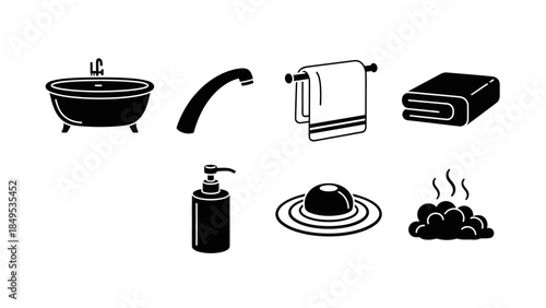 A collection of black and white icons representing various bathroom and bathing essentials.