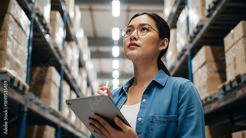 Asian woman holding tablet in warehouse with shelves of cardboard boxes