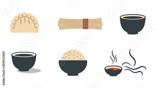 Cartoon Asian Food Vector Illustration Featuring Noodles and Rice Bowl