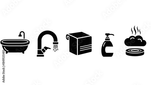 Collection of black silhouette icons representing various bathroom and spa items including a bathtub, faucet, towel, soap dispenser, and bath bomb.