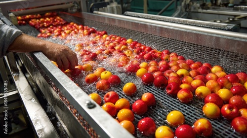 Apples flowing through a flume washing section, exiting a water bath, showcasing vibrant colors and textures in a fruit processing facility