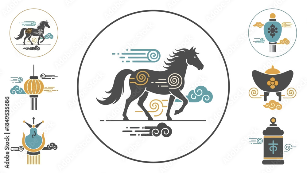 Naklejka premium Stylized Chinese zodiac horse illustration with traditional cultural elements and lanterns.