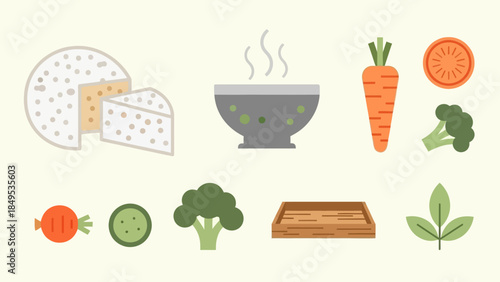 A collection of flat design icons featuring various food items like cheese, vegetables, and a bowl of soup, alongside a wooden tray and leaves.