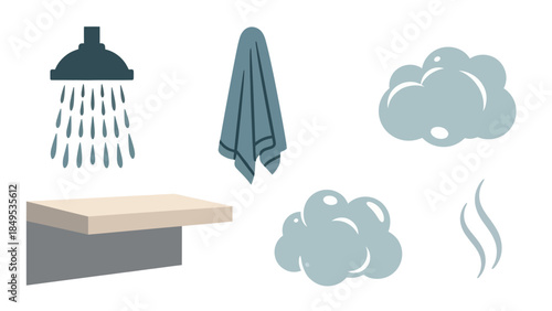 Illustration of bathroom elements including a shower, towel, shelf, and steam.