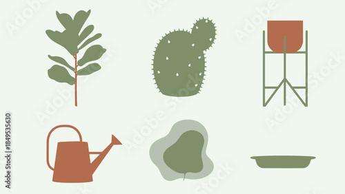 A collection of minimalist flat design illustrations featuring various house plants, gardening tools, and accessories in earthy green and terracotta tones.