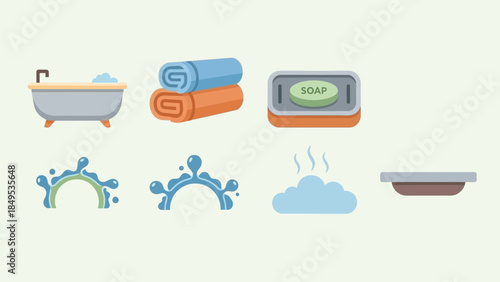 A collection of cartoon-style bathroom essentials including a bathtub, towels, soap, and water splashes.