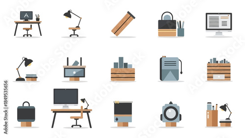 Set of flat design vector icons illustrating a variety of office supplies, furniture, and workspace accessories in a modern style.