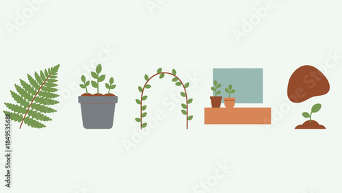 A collection of various plant illustrations including a fern, potted plants, a vine arch, and a seedling.