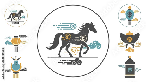 Stylized Chinese zodiac horse illustration with traditional cultural elements and lanterns.