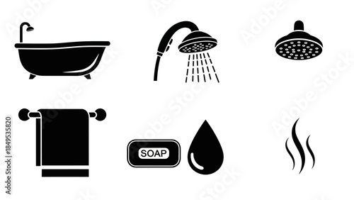 Black silhouette icons of various bathroom and hygiene items including a bathtub, shower, towel, soap, and steam.