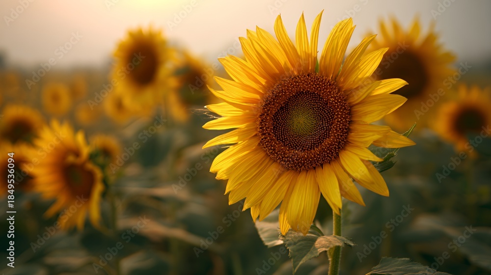 Fototapeta premium Golden Dawn Sunflowers: Vibrant Field Blooms in Morning Light