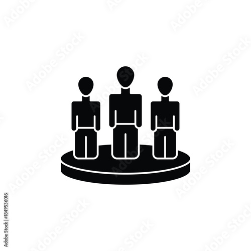 Three stylized figures standing on a circular podium representing team ranking.