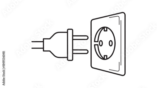 Electrical Plug and Socket in Simple Line Art Style with Monochromatic Color on White Background for Technical Illustration