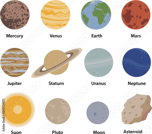 Solar system vector set, illustrated planets, celestial body icons, space education graphics, astronomy elements, orbit objects for science and learning