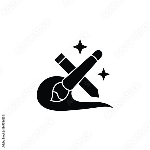 Creative art tools icon showing a paintbrush and pencil on a palette with sparkles.