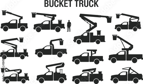 Bucket truck silhouette collection, utility vehicle vector, elevated work platform icons, maintenance truck designs, construction equipment art, isolated black illustrations