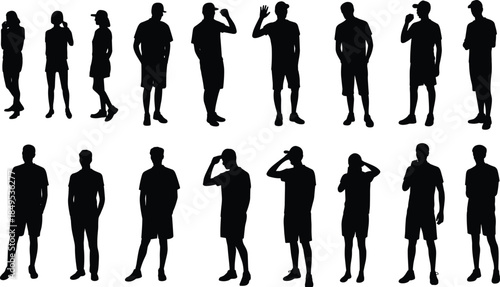 Standing man silhouette set, casual male poses, black vector people icons, gesture collection, body language symbols for graphic design projects