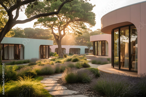Vibrant renewal retreat center exterior with pastel building design, peaceful natural surroundings, spiritual atmosphere, golden hour natural light, serene vibrant wellness space