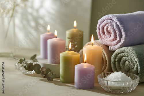 Spa candlelit scene with pastel candles and towels, soft natural light, luxury wellness aesthetic