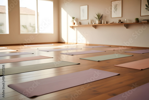 Yoga studio interior with pastel yoga mats, natural wood flooring, soft daylight, calm wellness brand aesthetic