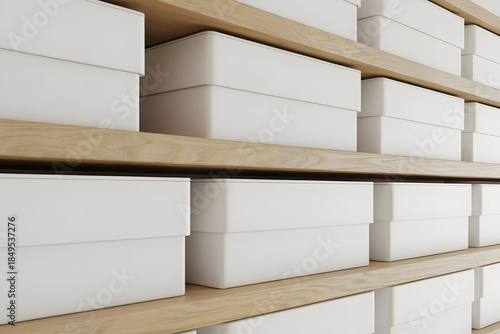 Modern home organization product display with white storage boxes, pale oak shelving, minimalist arrangement, bright even lighting, contemporary organizational product photography, clean aesthetic
