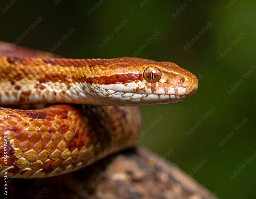 Fototapeta premium Close-up of a reptile with orange and white scales, focused gaze