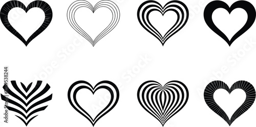 Stylized heart vector icons, abstract love shapes, graphic design elements, decorative romantic symbols, black line art hearts for creative projects