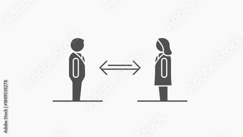 Silhouette of a man and a woman maintaining social distancing with arrows indicating space on a light gray background.