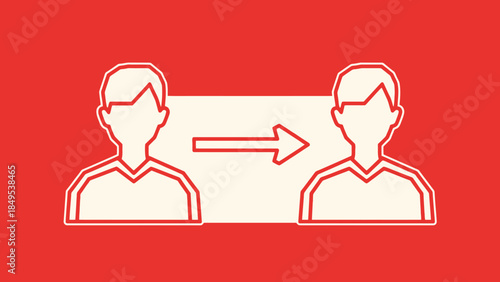 Outline of Two People Figures with an Arrow Indicating Transfer or Exchange on a Red Background