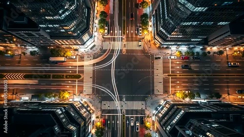 Aerial view of a bustling city intersection at night, with illuminated streets and modern buildings.