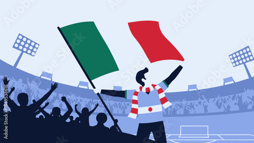 Enthusiastic Football Fans Waving Italian Flags in Stadium at Night
