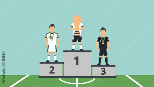 Football Players Celebrating Victory on Winners Podium in Bright Studio