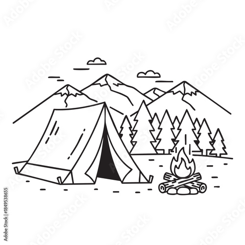 Camping Tent Near Mountain Range with Campfire in Nature Scene