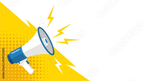 Set against a dynamic yellow backdrop with retro halftone dots, a stylized blue and white megaphone projects jagged energy bolts toward an ample white space designed for urgent messages