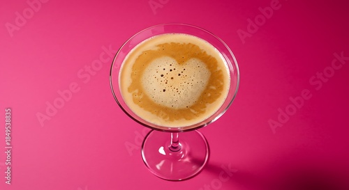 Overhead view of a coffee cocktail with heart shape foam on pink background