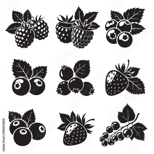 Collection of black and white berry icons isolated on transparent background