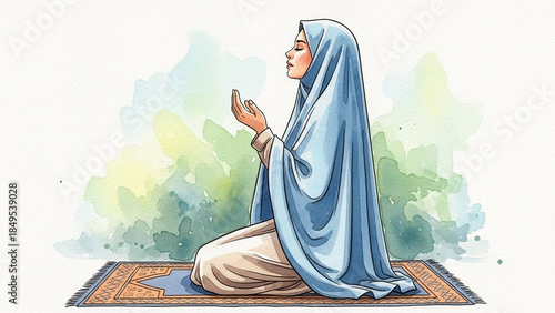 muslim woman praying on rug watercolor illustration ramadan eid