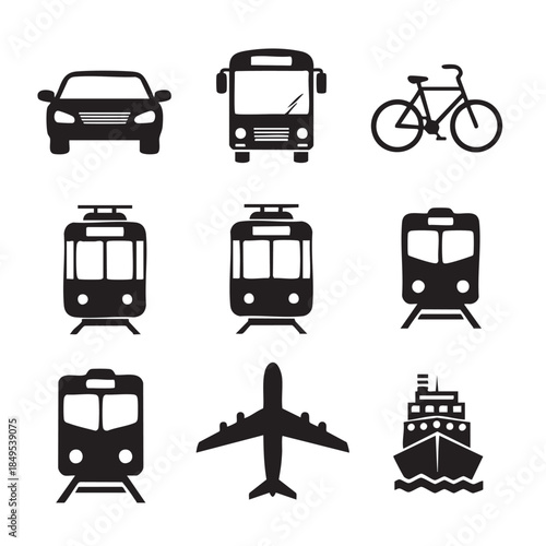 Collection of Transportation Icons in Black for Vehicles and Travel