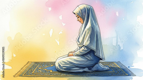 muslim woman praying watercolor illustration for ramadan