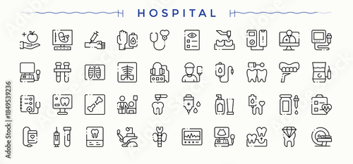 Hospital icon set. Medical Center icon set. Sign and Symbol. Pack of doctor, healthcare, clinic, pharmacy, health, care and more. Pictogram and infographic.