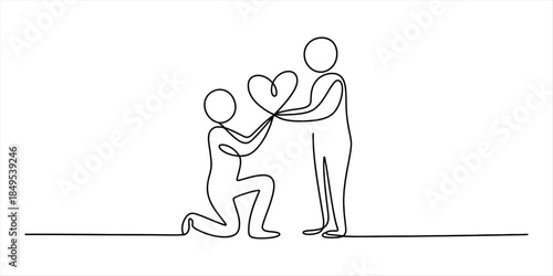A continuous line art representation of a romantic proposal between two people Vector, illustration