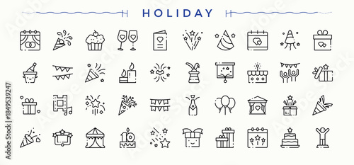 Holiday linear icon set. Thin icons set. Vacation modern icon set. It contains symbols to vacation, celebration, calendar, relaxation, summer and more.