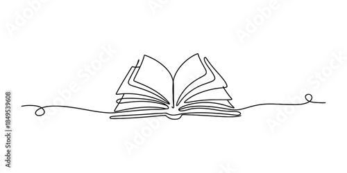 A continuous line art drawing of an open book symbolizing knowledge and reading Vector, illustration