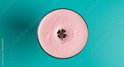 Pink cocktail with shamrock decoration on blue background overhead view
