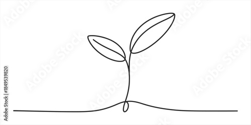 Minimalist continuous line drawing of a small plant seedling emerging from the soil. Vector, illustration
