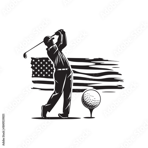 Golf Player Striking Ball with American Flag in Background
